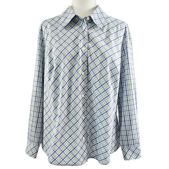 Foxcroft Wrinkle Free Blue Green Diagonal Plaid Button-Up Shirt Office - Picture 1 of 8